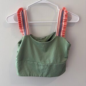 Altar'd State Sage Green Cropped Tank with Coral & Stripe Ruffled Straps